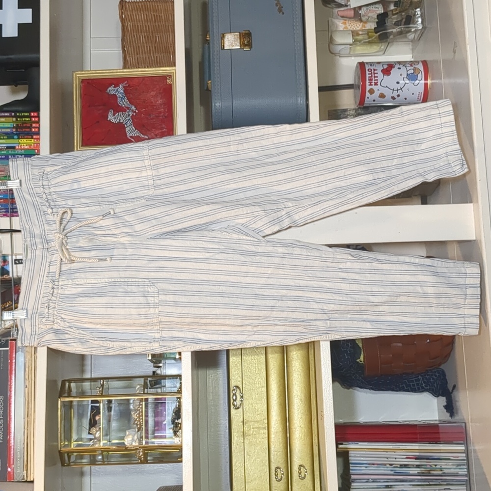 Anthropologie Linen Cotton Pull-on Stripe Pants with Rope Tie Size Medium
